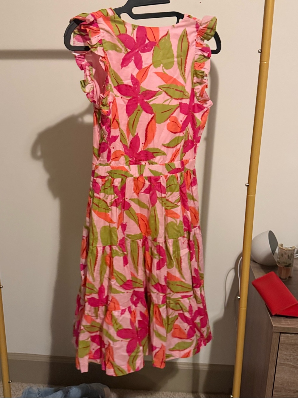 Taylor Pink Floral Tiered Sundress with Green and Coral Leaves